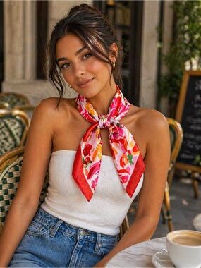 Red Floral Statement Scarf | Satin Silk Feel Trendy Accessory